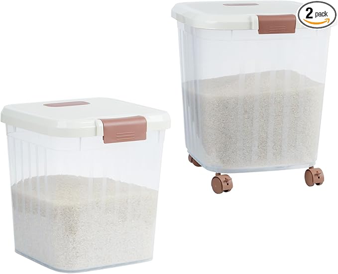 2PCS Airtight Flour Sugar Storage Containers with Lids, Easy to Move, Plastic Rice Cereal Grain Pet Food Bin with Wheels for Kitchen Pantry Organization (20lbs & 50lbs)