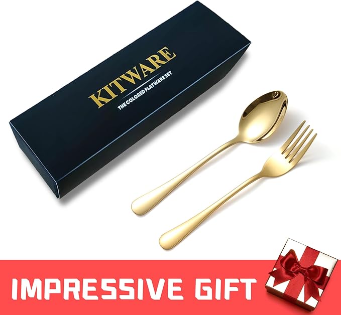 Gold Spoons and Forks Silverware Set, KITWARE 12 Pieces Stylist Colored Stainless Steel Flatware Cutlery Service for 6, Home Kitchen Utensil Sets for Restaurant, hotel, travel, outdoor, BBQ