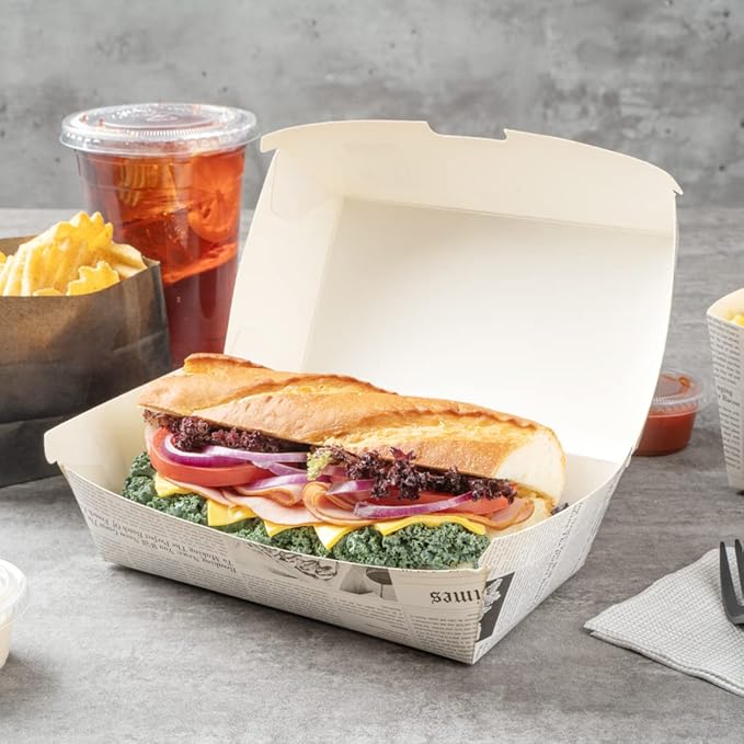 Restaurantware Bio Tek 6.7 x 3.5 x 3.5 Inch Clamshell Food Containers 100 Disposable Sandwich Containers - Hinged Lid Tab-Lock Closure Newsprint Paper Hot Dog Containers Recyclable Greaseproof