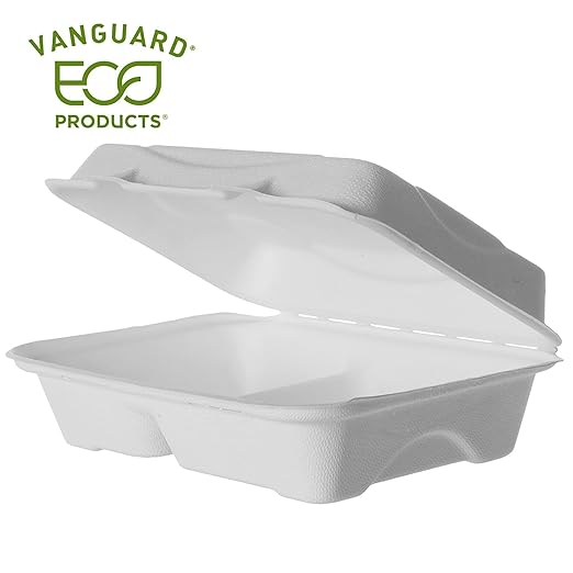 ECO PRODUCTS Compostable Vanguard 9"x6" Clamshell To Go Containers, Case of 250, 2 Compartment, Take Out Food Box, White Renewable Molded Fiber, No-Added PFAS, ASTM Compliant, BPI-Certified