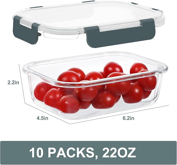 10 Packs 22 oz Glass Meal Prep Containers, Glass Food Storage Containers with Lids, Airtight Lunch Boxes BPA Free, Microwave and Freezer Safe
