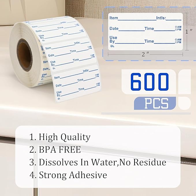 L LIKED 2x1 Dissolvable Labels, 300 Stickers, Use by Food Rotation Labels for Storage and Container (600, Blue)