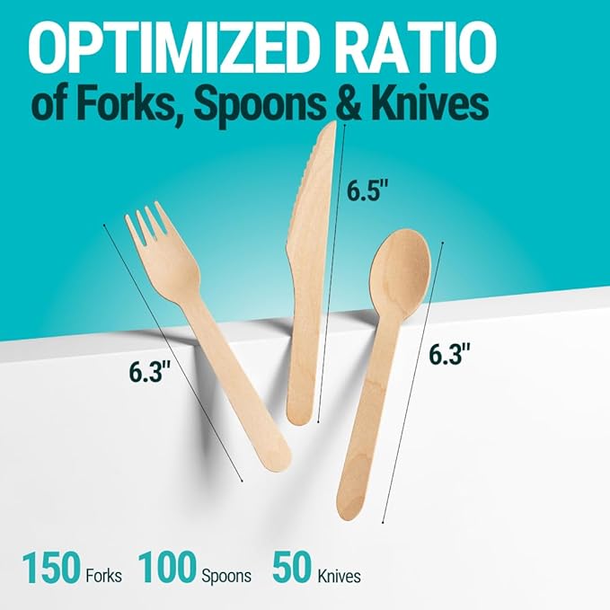 Disposable Wooden Cutlery Set - 300 pcs (150 Forks 100 Spoons 50 Knives) Compostable Utensils Set with Plastic-Free Packaging. Splinter-Free Compostable Cutlery Set for Parties & More