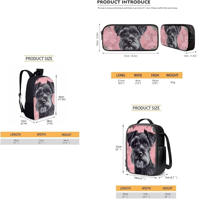 Dolyues Yorkshire Terrier Girls' 3-Piece Backpack Set 17 Inch Cute School Backpack, Insulated Lunch Bag & Pencil Case for Elementary Students