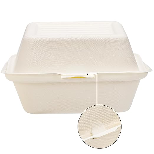 Peohud 100 Pack Compostable Clamshell Take Out Food Containers, 6 x 6 Inches Disposable To-Go Food Containers, Bagasse Bento Cake Box for Hamburger Sandwiches Chips