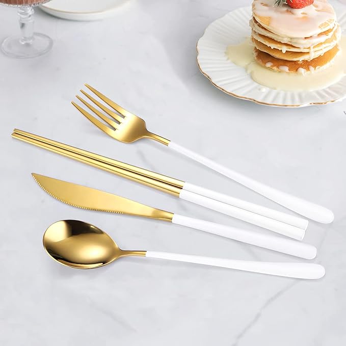 AARAINBOW 6 Pieces 18/8 Stainless Steel Flatware Set Portable Reusable Cutlery Set Travel Utensils Set Including Chopsticks Knife Fork Spoon Straws Cleaning Brush Dishwasher Safe (White golden)