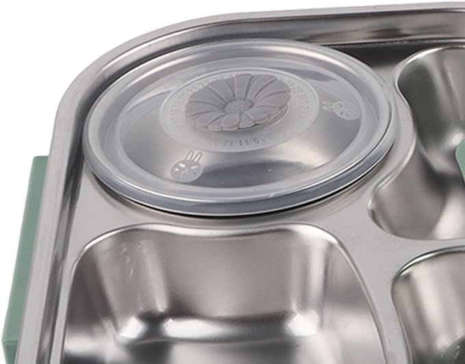 Raguso Boxs Dinnerware 4‑Grid Lunch Box Stainless Steel Meal Prep Containers for Canteens Office Family Food Storage Container (Four-compartment lunch box with soup bowl: green)
