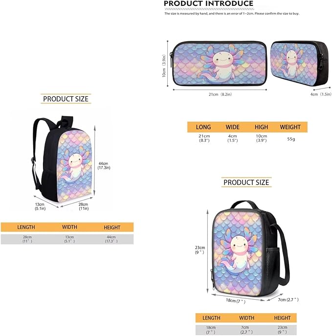Dolyues Scale Cute Axolotl Cute Kids Backpack Set with Lunch Box & Pencil Case - 3-Piece School Bag for Primary Girls - Stylish Handbag & Pen Bag Included