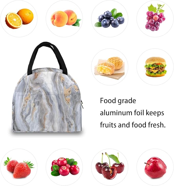 Insulated Lunch Bag for Women Men Gray Marble Texture Waterproof Thermal Tote Bag Reusable Lunch Box Container Lunch Holder Leakproof Lunch Cooler Bag Picnic Travel Work