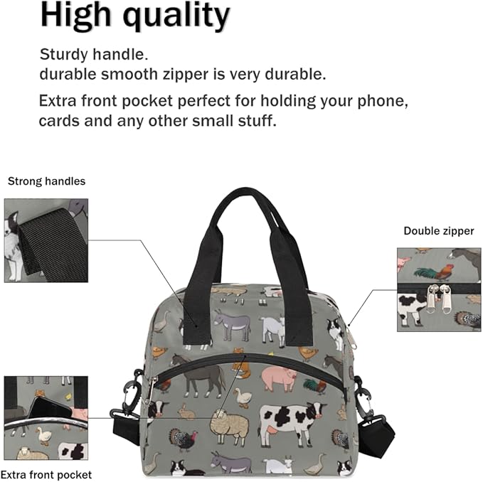 Insulated Lunch Bag for Women Men Farm Animals Leakproof Cooler Tote Bag Large Reusable Adult Lunch Box with Adjustable Shoulder Strap for Office Work Picnic Travel Beach