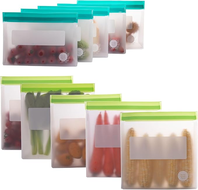 Reusable Silicone Food Storage Bags – 10-Pack Stand-Up, BPA-Free, Freezer, Dishwasher Safe & Eco-Friendly – 5 Gl, 5 L Bags – Airtight Leakproof Silicone Ziplock Bags for Kitchen Storage (Multicolor)
