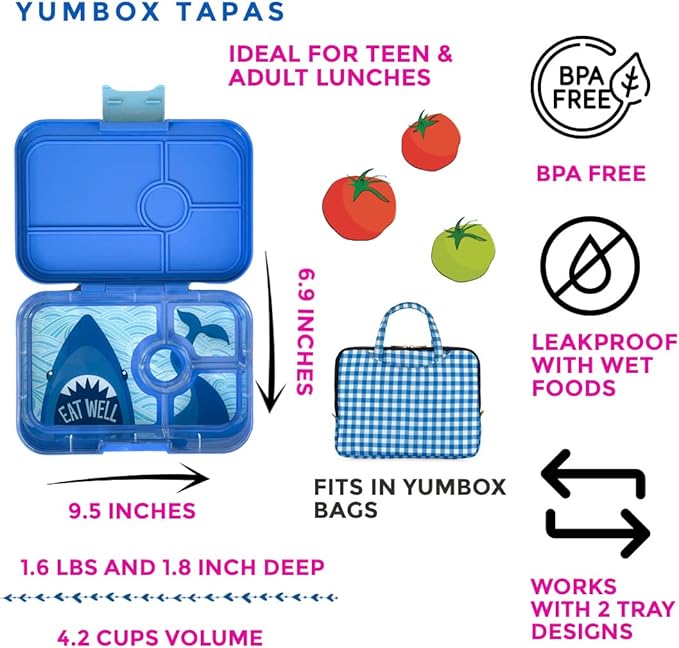 Yumbox Tapas Leakproof Bento Box: 4-Compartment Bento Lunch Box (True Blue with Shark Tray)