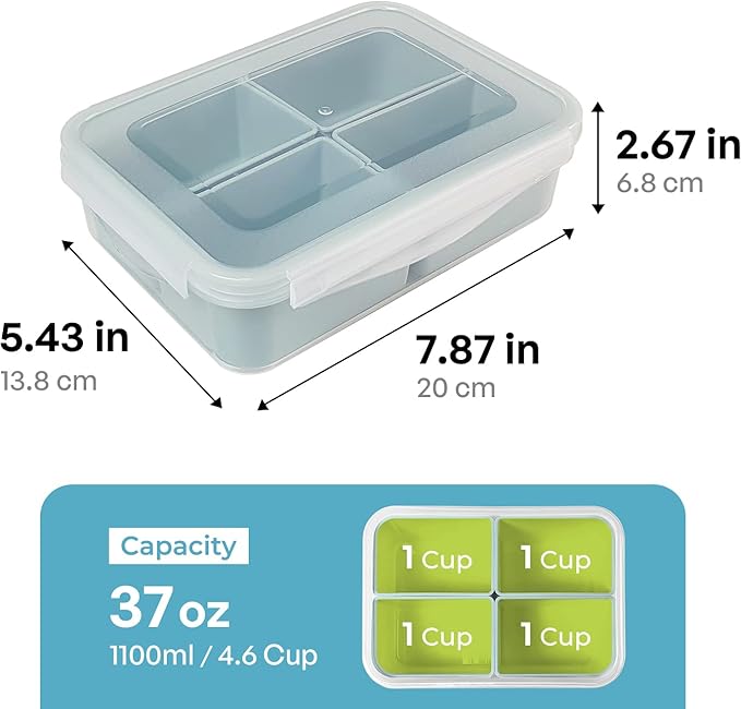 carrotez Food Storage Container with 4 Removable Compartments, Food Prep Container with Airtight Lids, Portion Control Container, Reusable, BPA Free, 4.6 Cup(1100ml)