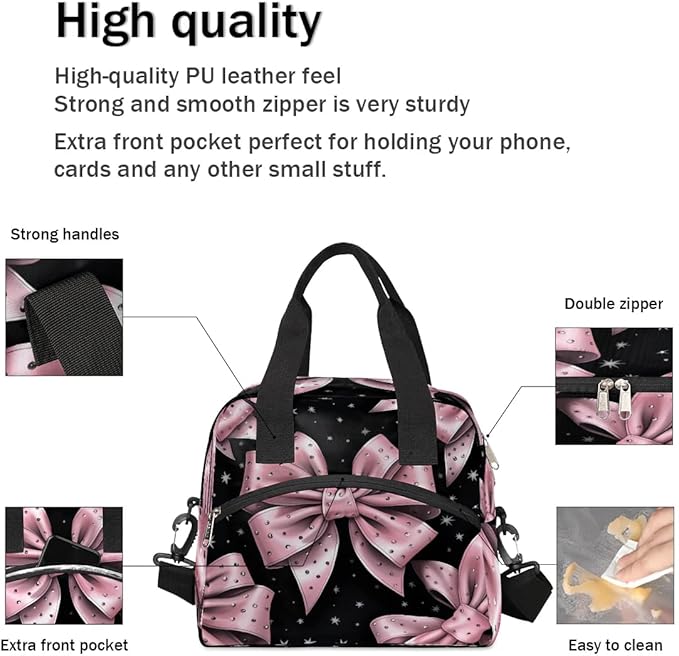 Pink Bow Insulated Lunch Bag for Women Men Reusable Waterproof Lunch Box Cooler Tote Bag One shoulder portable meal bag Portable Adult Lunchbox for Work Picnic Hiking Beach