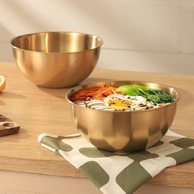 Stainless Steel Salad Bowls Set of 2 Mixing Bowl with Measurement Markings, 4.23 Quart Gold Serving Bowls for Mixing, Cooking, Baking, Prepping and Home Kitchen