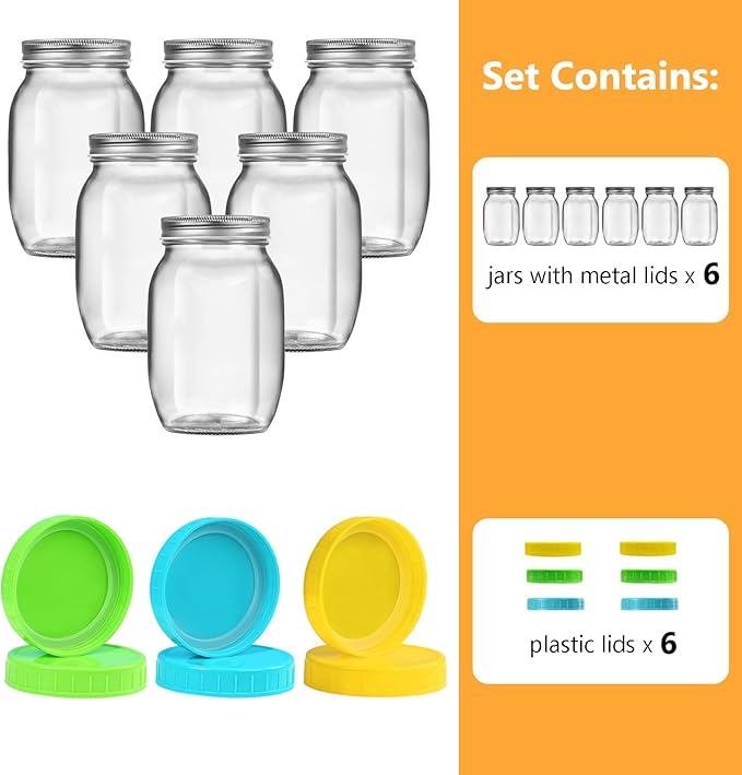 32 oz Wide Mouth Mason Jars with Metal Lids & Plastic Lids, Quart Size Clear Glass Jars for Preserving, Meal Prep, Salad, Canning, Fermenting, Favors, Home Decor, DIY - 6 Pack1 +1