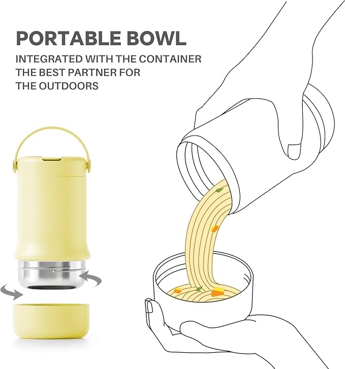 Ideus 20 oz Insulated Soup Thermo with Foldable Spolk and Bowl, All-in-one Stainless Steel Vacuum Thermal Food Jar for Lunch, Leakproof Bento Lunchbox Portable Soup Container (Light Yellow)