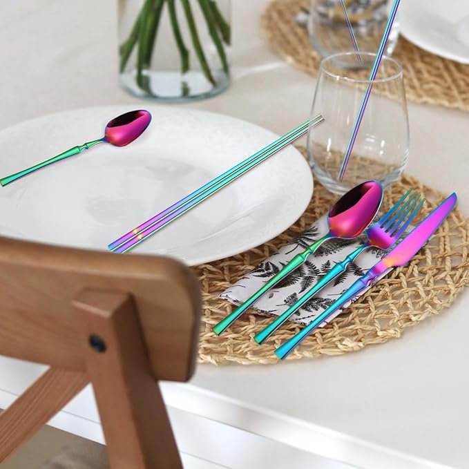 AARAINBOW 7 Pieces Stainless Steel Flatware Set Portable Reusable Cutlery Set Travel Utensils Set Including Chopsticks Knife Fork Spoon Straws Cleaning Brush Dishwasher Safe (B-Multicolored)