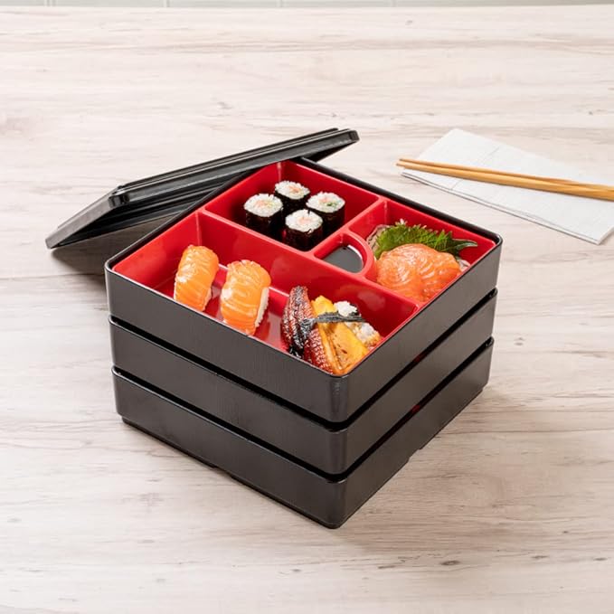Restaurantware-8.3 x 5.9 Inch 5-Compartment Lunch Container, 1 Japanese Style Adult Lunch Container - 3 Stackable Layers, Black & Red Plastic Divided Lunch Box, Greaseproof, Hot & Cold Food