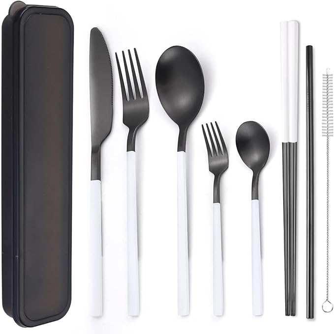 AARAINBOW 6 Pieces Stainless Steel Flatware Set Portable Reusable Cutlery Set Travel Utensils Set Including Chopsticks Knife Fork Spoon Straws Cleaning Brush Dishwasher Safe (White&Black)