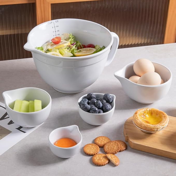 Sweejar Porcelain Mixing Bowl with Scale, Ceramic Serving Container for Kitchen, Nesting Bowl with Handle, Using for Baking, Prepping, Cooking, Set of 5 (White)