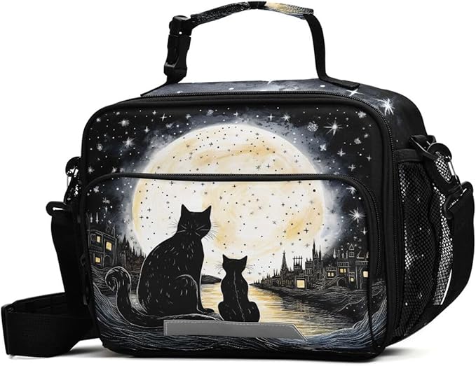 MNSRUU Student Lunch Bag Black Cat Insulated DinnerTotes Picnic Bag Lunch Box with Adjustable Shoulder Strap for Teen Kids Adults