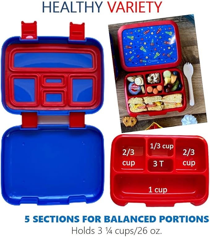 kinsho Bento Lunch Box, Water Bottle, Ice Pack Set for Kids Toddlers, 5 Portion Sections, Removable Plastic Tray, Pre-School Kid Toddler Daycare Lunches, Snack Container, Blue Space Rocket