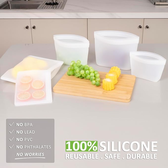 Reusable Silicone Food Storage Bags - 100% Food Grade BPA-Free, Freezer/Microwave/Dishwasher Safe | Stand-Up Zip Closure, Leakproof Eco-Friendly Meal Prep Containers (3 Pack Stand-up & 2 Pack Flat)