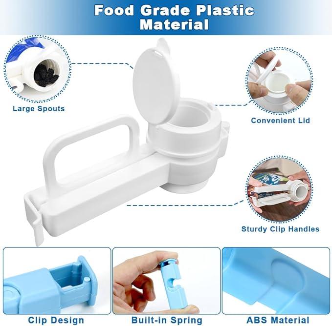 zxbaers 3PCS Food Bag Sealing Clip with Pour Spout and 6PCS Squeeze and Lock Bread Bag Clips, Bread Clips Resuable, Snack Clip for Cereal, Snacks And All Food Storage and Organization