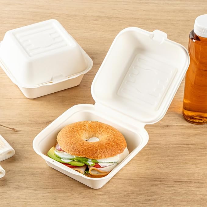 Restaurantware Pulp Safe No PFAS Added 15 Ounce Clamshell Boxes 100 Disposable Containers - Home Compostable Microwavable And Freezable White Bagasse Containers With Built-In Hinged Lid