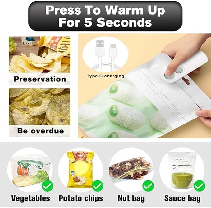 Mini Bag Sealer 2 Pack Bag Sealer with Cutter and Magnet 2 in 1 Mini Bag Resealer Machine Portable Handheld Rechargeable Heat Vacuum Food Sealer for Plastic Bags Snacks & Food Storage (2, white&blue)