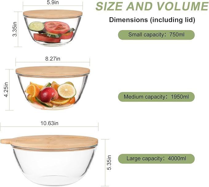 Glass Salad Bowls, Set of 3 Glass Bowls with Bamboo Lids Large Serving Bowl for Salad, Pasta, Desserts, W/Bamboo Utensils Salad Fruit Nesting Bowl for Cooking,Baking,Prepping,Serving & Storage