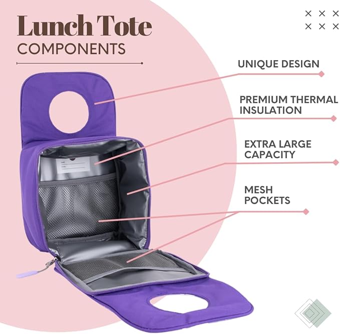 Designer Insulated Lunch Bag, Purple, Reusable Cooler Tote for Food & Drinks, Perfect for Women, Men, Boys, Girls, Stylish for kids ages 3+ (Flower)