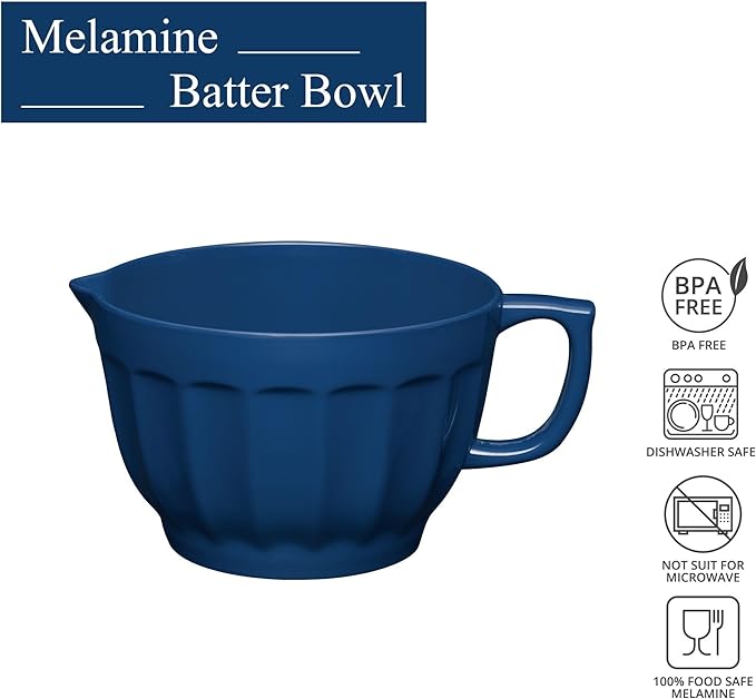 UPware Latte Style Melamine Batter Bowl with Pour Spout, Handle and Non-Slip Base, Grip Handle for Easy Mix and Pour, Home Essentials Cooking and Baking Tools, 4.3 quart, 11.5 x 8.75 Inch, Navy