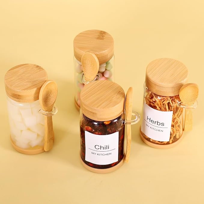 SAIOOL 4 Pack Glass Storage Containers with Bamboo Lids and Spoon,Overnight Oats Containers with Lids,with Anti Slip Silicone Base,Seasoning Organizer,Spice Jars (Bamboo 8.5OZ*4)