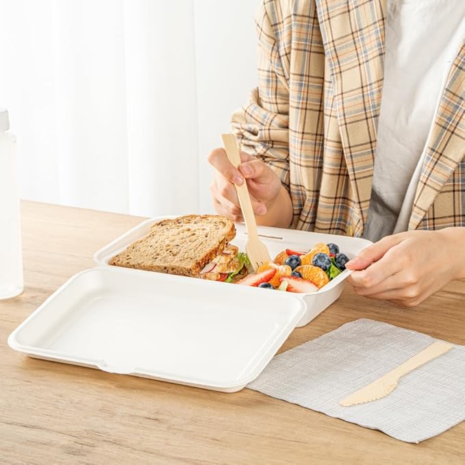 Restaurantware Pulp Safe No PFAS Added 34 Ounce Clamshell Boxes 100 Disposable Containers - Home Compostable 2 Compartments White Bagasse Containers Microwavable And Freezable Hinged Lid
