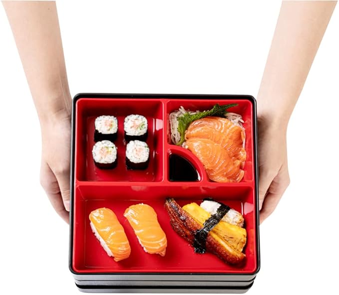 Restaurantware-8.3 x 5.9 Inch 5-Compartment Lunch Container, 1 Japanese Style Adult Lunch Container - 3 Stackable Layers, Black & Red Plastic Divided Lunch Box, Greaseproof, Hot & Cold Food