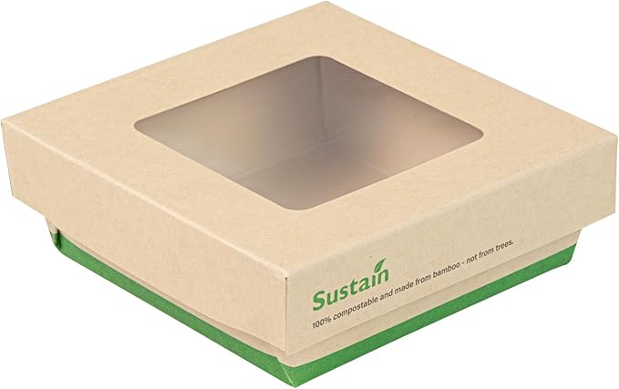 Restaurantware 13 Ounce Bamboo Paper Take Out Boxes, 50 Compostable Containers with Greaseproof Lining and Clear Window Lids