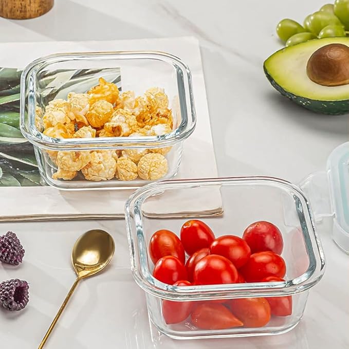 4PC Square Glass Containers With Lids, Glass Meal Prep Containers Set, 2 Cup Clear Square Small Food Containers For Soup Snack fruit, Microwave, Dishwasher, Freezer Safe - (4 color)