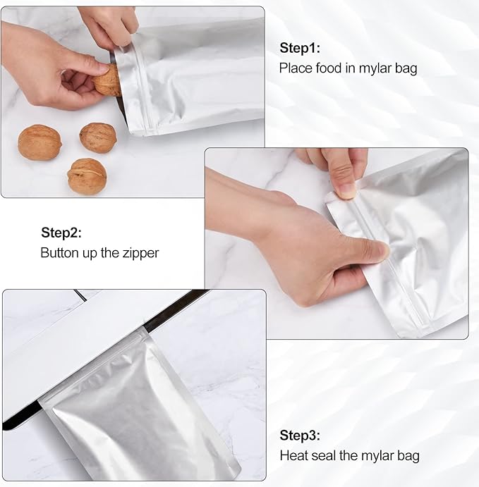 0.5 Pint Kitchen Storage Bags Fresh Saver Mylar Bags with Labels, Stand Up Mylar Bag Resealable and Heat Sealable for Long Term Food Storage,Thick 4.75 Mil, 5"x7" (50Pack-0.5Pint)