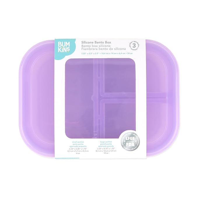 Bumkins Snack/Lunch Bento Box for Kids and Adults, 3 Compartment Container, Leak Proof Lid, for Portioning, Large Section Can Hold Sandwich, Food-Safe LFGB Platinum Silicone, Microwave-Safe, Purple