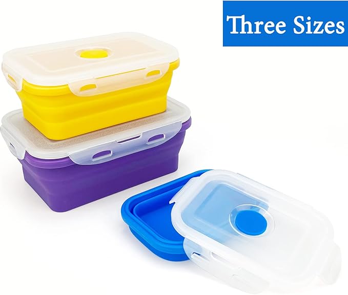 Camping Travel Collapsible Food Storage Container with Lids, Stackable Silicone Storage Containers Meal Prep Containers with Ideal Portion 350ml-540ml-800ml, Microwave Safe,3Piece