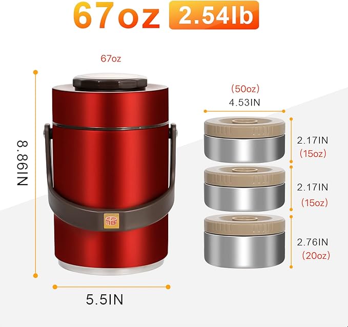 67oz Thermo for Hot Food,3-Layer Sealed Stackable Food Thermo,with Lunch Bag Soup Thermo,It Is Suitable for Daily Office Meals, School Lunches, and Outdoor Meals (67 oz Red)