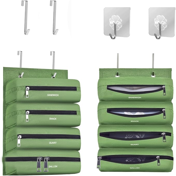 Zipper Bag Organizer Suitable for kitchen RV Campers with Zipper Gallon, Quart, Sandwich and Snack Food Storage Bags, Kitchen Plastic Bag Storage Organizer (Green)
