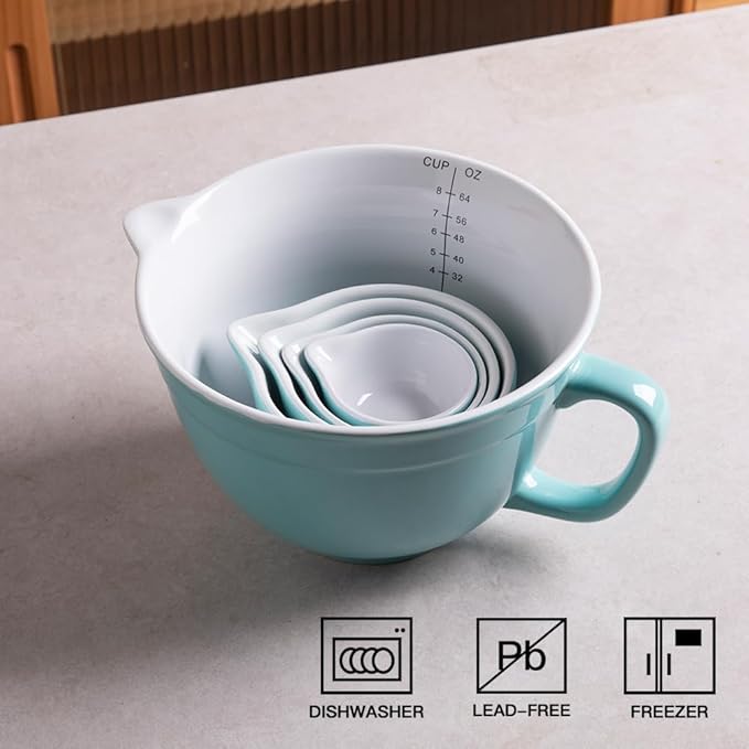 Sweejar Porcelain Mixing Bowl with Scale, Ceramic Serving Container for Kitchen, Nesting Bowl with Handle, Using for Baking, Prepping, Cooking, Set of 5 (Turquoise)