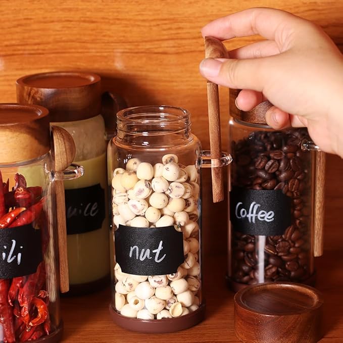 SAIOOL High Bprosilicate Glass 4 Pack Spice Jars with Label and Spoons,Overnight Oats Containers with Acacia Airtight Lids,Glass Food Storage Jars, Coffee Bar (Acacia 11.5 OZ*4)