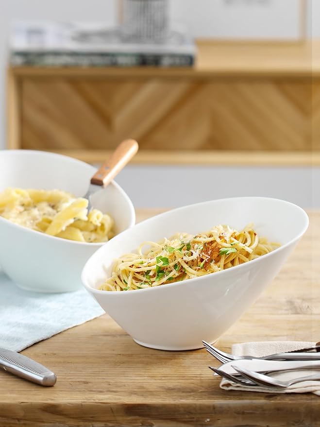 DOWAN 23 OZ Slanted Salad Bowls of 2 Packs - 9.5" Angled Serving Bowls for Salad, Pasta, Fruit, Sauce - Ceramic White Bowls for Restaurant, Daily Use - Dishwasher & Microwave Safe