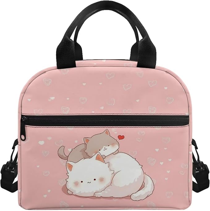 Showudesigns Cute Cat Lunch Bag for Girls 6-8 8-10 Pink Lunch Box Portable Insulated Lunch Bags Thermal Meal Tote Kit with Zipper Pockets Kids Tote Bags Back To School Crossbody