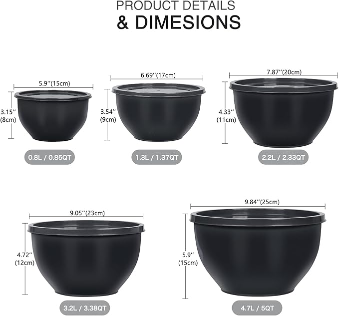 5-Piece Plastic Mixing Bowls with Lids Set for Kitchen, Nesting Bowls for Mixing, Baking, Prepping, Cooking and Serving Food, Grey Mixing Bowls Dishwasher, Microwave Safe