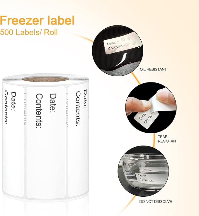 500pcs Food Labels,1 x 3 Inch Freezer Labels Removable for Food Containers, Mason Jar, Water/Oil/Tear Resistant,No Residue Food Storage Labels Perfect for Kitchen